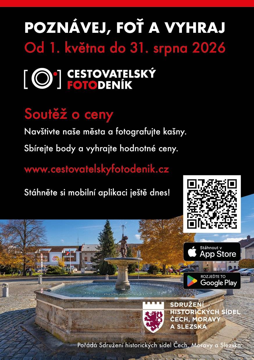 Letní měsíce jsou plné výletů, prázdnin a objevování. Pokud rádi cestujete po krásách naší vlasti a obdivujete historii, můžete se zapojit do soutěže, kterou organizuje Sdružení historických sídel Čech, Moravy a Slezska.     Principem letošní soutěže „Cestovatelský fotodeník“ je, aby soutěžící cestovali po památkách, navštívili a vyfotografovali co nejvíce kašen v členských městech Sdružení historických sídel Čech, Moravy a Slezska. Výhercem soutěže se letos může stát každý, kdo vyfotografuje alespoň 30 objektů – kašen.     Soutěž probíhá v termínu od 1. 5. 2026 do 31. 8. 2026.     Celkový seznam a bližší informace o projektu jsou k dispozici na webových stránkách https://www.cestovatelskyfotodenik.cz