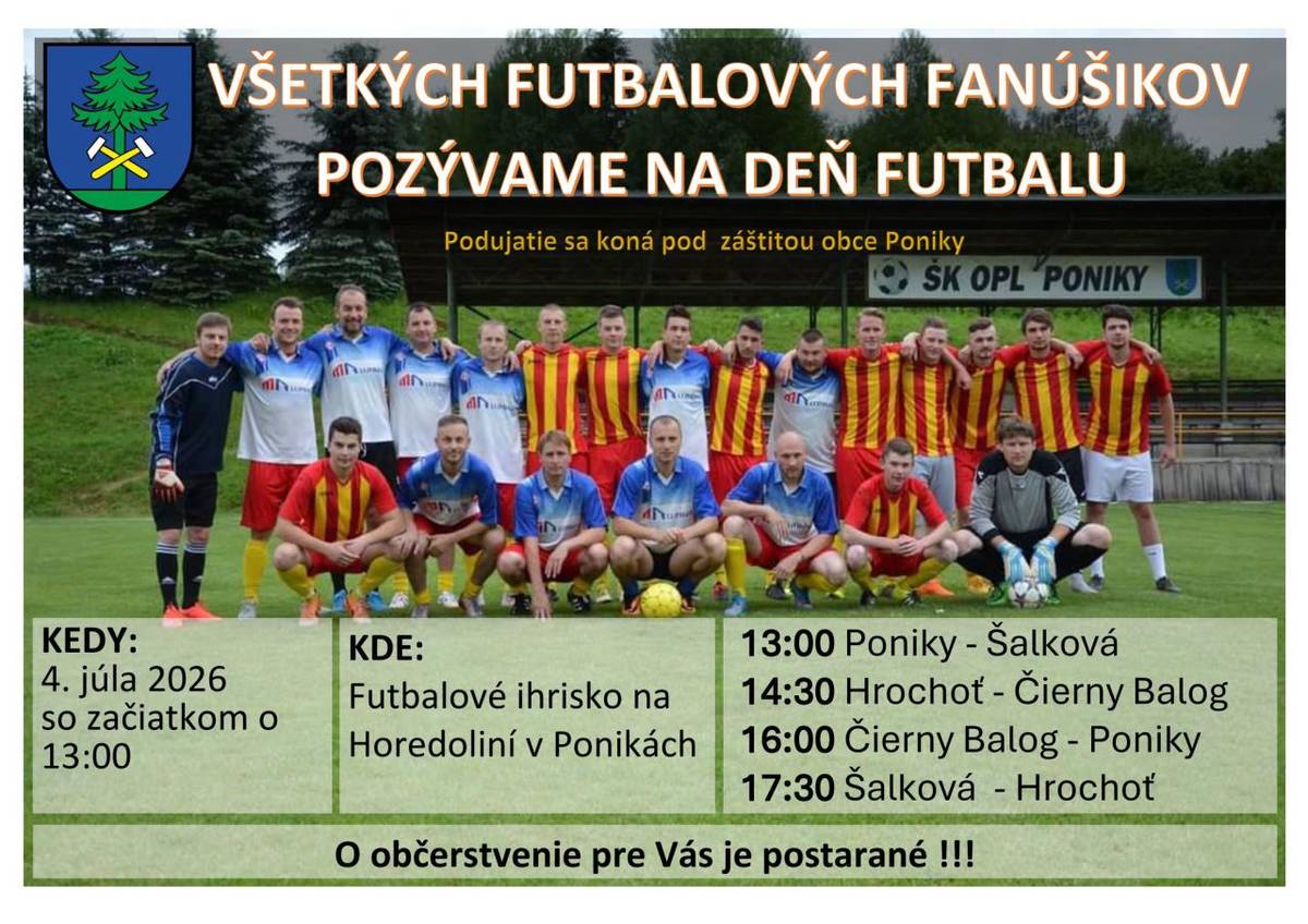 Obec Poniky pozýva na futbalový turnaj, 4.7.2026, od 13:00 hod.