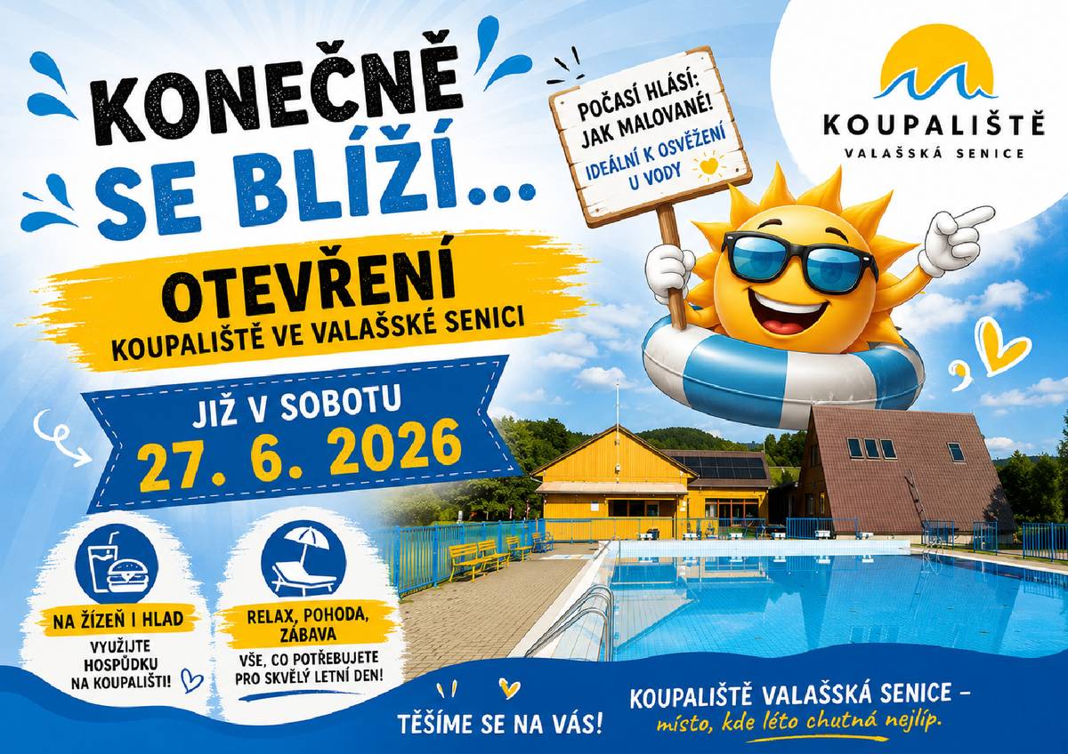 V sobotu 27.6.2026 zahajuje provoz koupaliště ve Valašské Senici. Provozní doba od 10 do 19 hodin.