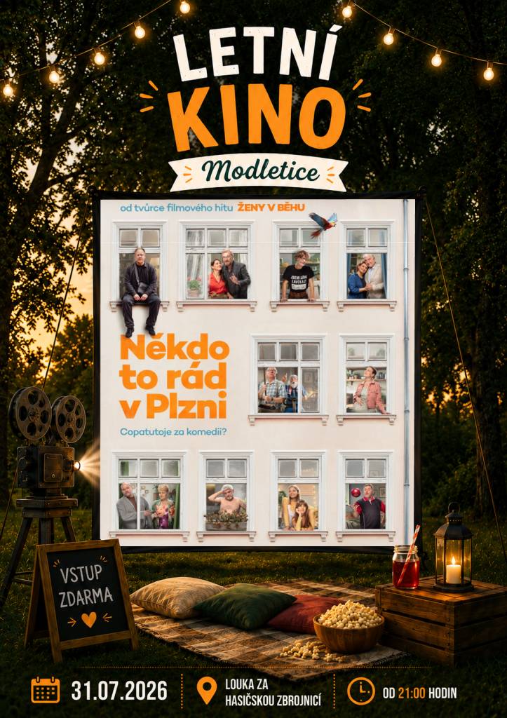 Obec Modletice Vás srdečně zve na druhé letní kino v tomto roce, konat se bude v pátek 31.07.2026 u Hasičské zbrojnice.  Promítat se bude film "Někdo to rád v Plzni"  Začátek promítání po setmění, cca po 21:30 hodin.  Více o filmu a ukázka níže.