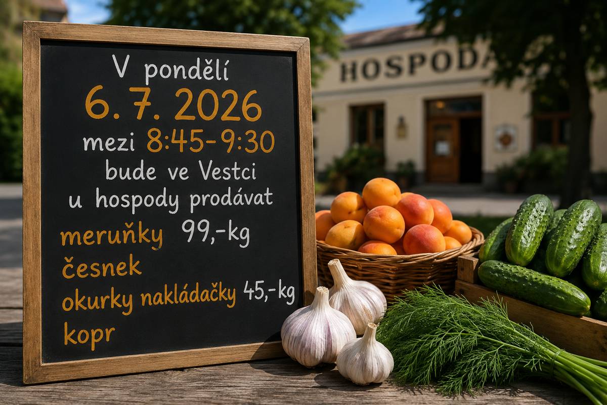 V pondělí 6. 7. 2026  mezi 8:45 - 9:30 bude ve Vestci u hospody prodávat meruňky 99,-kg, česnek, okurky nakládačky 45,- kg, kopr