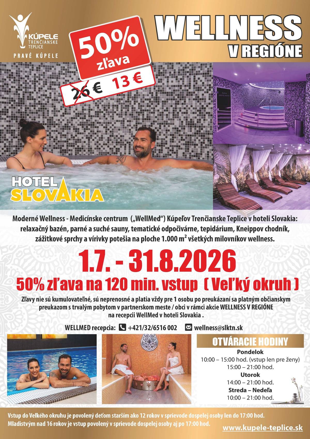 🌞Od 1.7.2026 môžu občania s trvalým pobytom v Nemšovej využiť akciu ,,Wellness v regióne" v Trenčianskych Tepliciach...  🌿Moderné ,,WellMed" centrum v Hoteli Slovakia ponúka: 👉relaxačný bazén 👉parné a suché sauny 👉tematické odpočivárne 👉tepidárium 👉Kneippov chodník 👉zážitkové sprchy 👉vírivky...   📅Trvanie akcie: 1.7. - 31.8.2026 💸Cena: 13 € (po zľave)