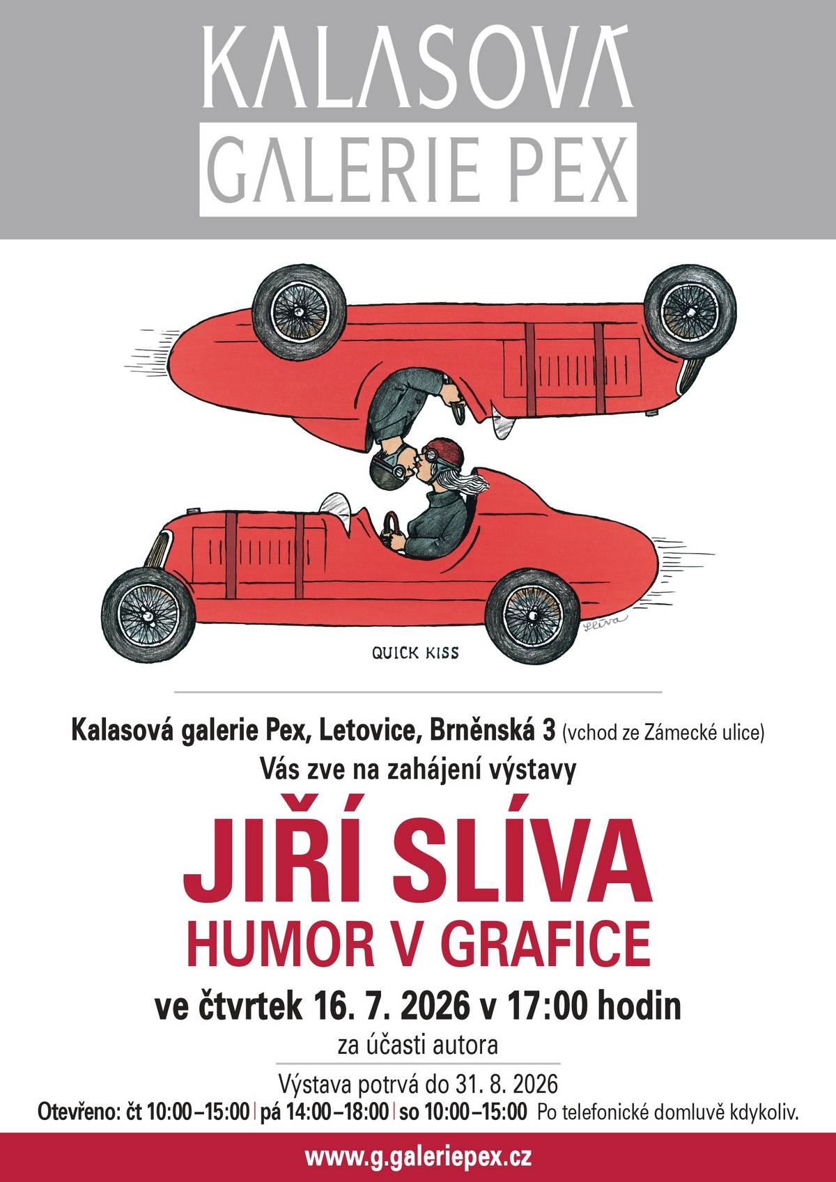 Vernisáž se uskuteční ve čtvrtek 16. července v 17:00 hodin za účasti autora. Brněnská 20/3, Letovice (vchod je z ulice Zámecká, je společný pro Kalasová galerie PEX, pro Muzeum letovické keramiky a pro Muzeum Letovice). Otevřeno:  čtvrtek od 10:00 - 15:00 hodin,                     pátek: od 14:00 - 18:00 hodin,                    sobota: od 10:00 - 15:00 hodin.   Vaši návštěvu v jiný čas případně i jiný den prosím domluvte na tel. 739 687 300 (Helena Kalasová).