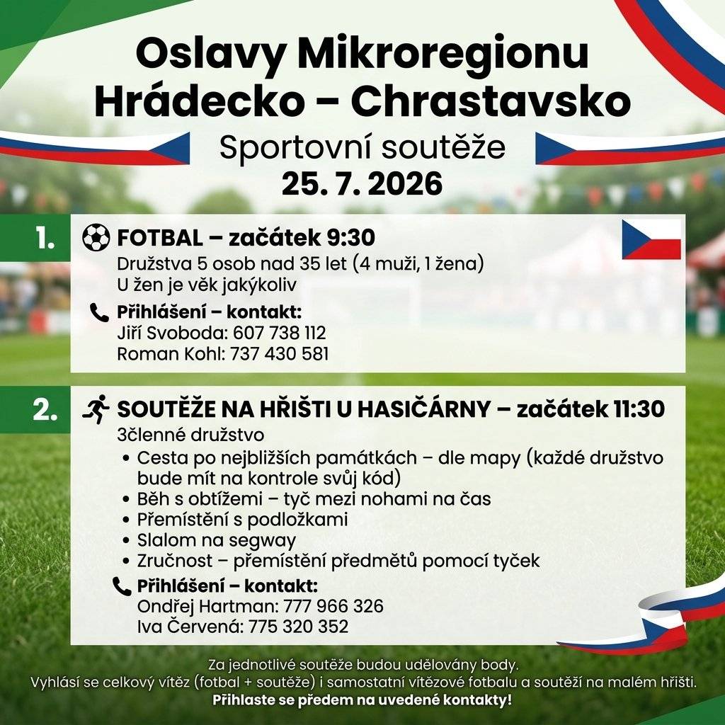 Hezký den, kdo byste si chtěl zasoutěžit 25.7. ve Václavicích? Kromě fotbalu jsou přichystané netradiční soutěže, bude spousta legrace, tak se nestyďte, dejte nám vědět, sestavíme oldřichovský soutěžní tým. Oslavy MHCH jsou letos spojené s oslavou 700 let Václavic, bude bohatý kulturní program a atrakce pro děti.  Jana a Jířa