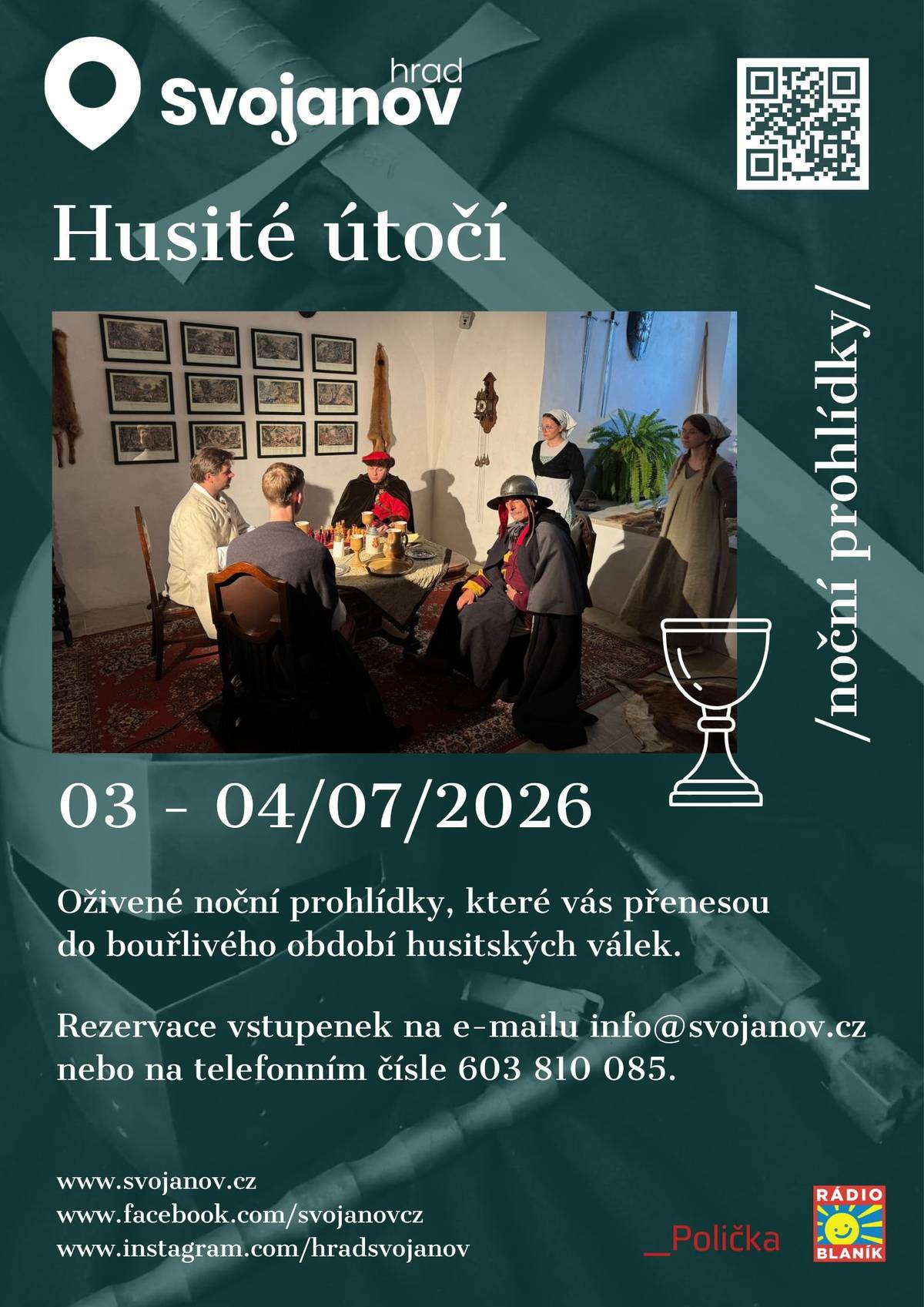 Vážení milovníci tajemna a historie,   dovolujeme si vás srdečně pozvat na exkluzivní noční prohlídky na téme Husité útočí na hradě Svojanov, které se uskuteční 3.7. a 4.7.2026.    Oživené noční prohlídky, které vás přenesou do bouřlivého období husitských válek.