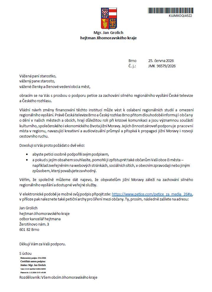 Byli jsme požádáni hejtmanem Jihomoravského kraje o podporu petice za zachování silného regionálního vysílání České televize a Českého rozhlasu.  Pro více informací rozklikněte.