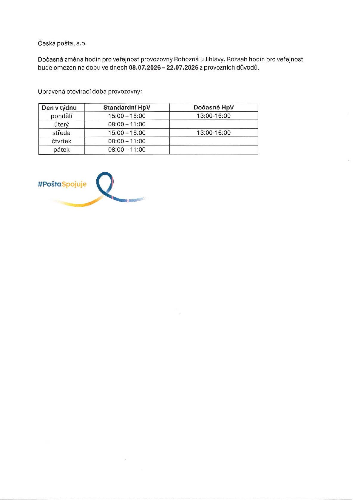 Omezená provozní doba od 8.7. do 22.7.2026