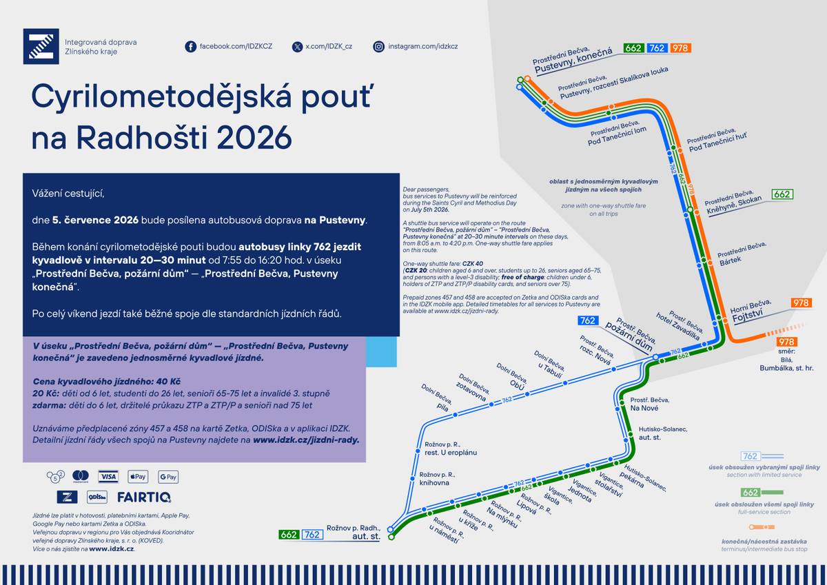 Plánujete v neděli 5. července vyrazit na Pustevny? Využijte posílenou autobusovou dopravu.     🚌 Během konání Cyrilometodějské pouti budou autobusy linky 762 jezdit kyvadlově v intervalu 20 – 30 minut od 7:55 do 16:20 hodin v úseku Prostřední Bečva, požární dům – Prostřední Bečva, Pustevny konečná 🚌     ✅ Po celý víkend navíc zůstávají v provozu také běžné spoje podle standardních jízdních řádů.     ❤️ Přejeme vám příjemnou cestu i krásný prodloužený víkend❤️