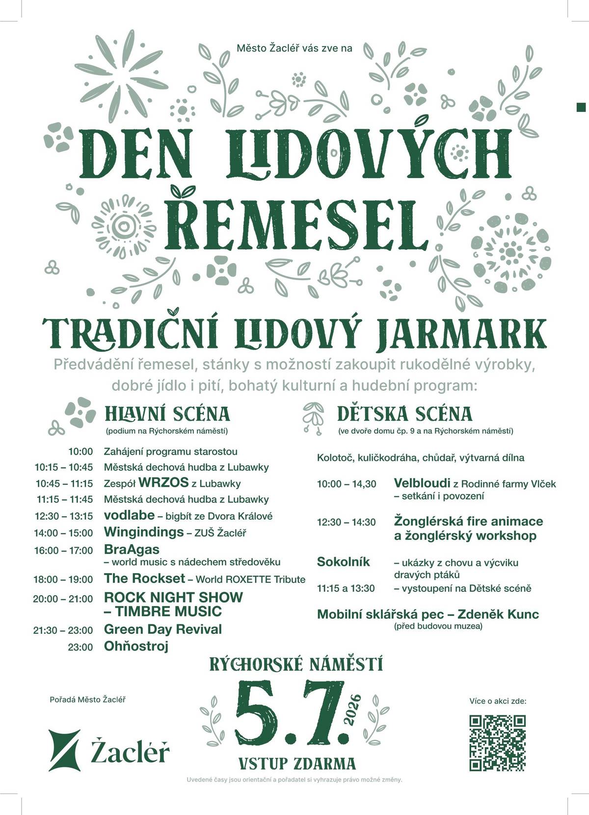 Přijměte pozvání na na Den lidových řemesel v neděli 5. července od 10 h na Rýchorském náměstí v Žacléři. Čeká Vás bohatý hudební program, na dětské scéně velbloudi, žonglérský workshop, sokolník, kuličkodráha. Na žacléřském nádraží se můžete svézt hurvínkem, drezínou nebo autobusem RTO. Program zakončí ohňostroj před městským úřadem. Jste srdečně zváni.