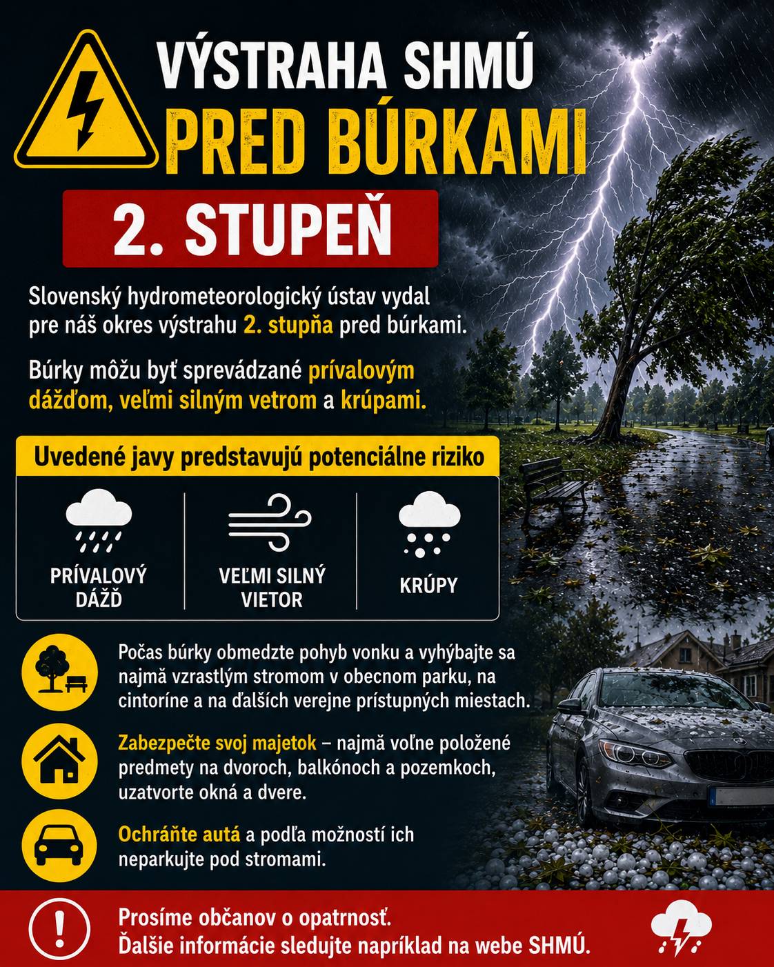 Slovenský hydrometeorologický ústav vydal pre náš okres výstrahu 2. stupňa pred búrkami. Búrky môžu byť sprevádzané prívalovým dažďom, veľmi silným vetrom, krúpami a prechodne zhoršenou viditeľnosťou. Uvedené javy predstavujú potenciálne riziko najmä vo vonkajšom prostredí, pri pohybe pod vzrastlými stromami a v blízkosti nezabezpečených predmetov. Žiadame občanov, aby počas búrky obmedzili pohyb vonku a vyhýbali sa najmä vzrastlým stromom v obecnom parku, na cintoríne a na ďalších verejne prístupných miestach. Zároveň odporúčame občanom, aby si včas zabezpečili svoj majetok – najmä voľne položené predmety na dvoroch, balkónoch a pozemkoch, uzatvorili okná a dvere, ochránili autá a podľa možností ich neparkovali pod stromami. Prosíme občanov o opatrnosť a sledovanie aktuálnych informácií o počasí napríklad na strénke SHMÚ.