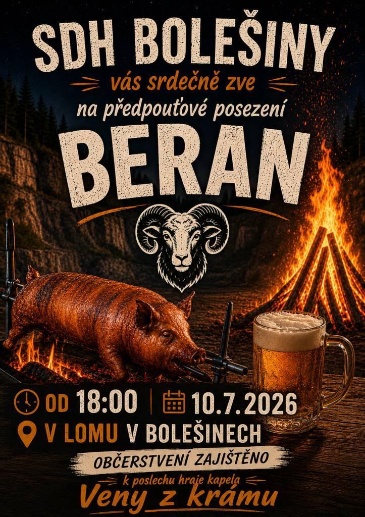 Předpouťové posezení v lomu se koná v pátek 10.7.2026 od 18.00 hod. Pořádá SDH Bolešiny a hraje kapela Veny z krámu.