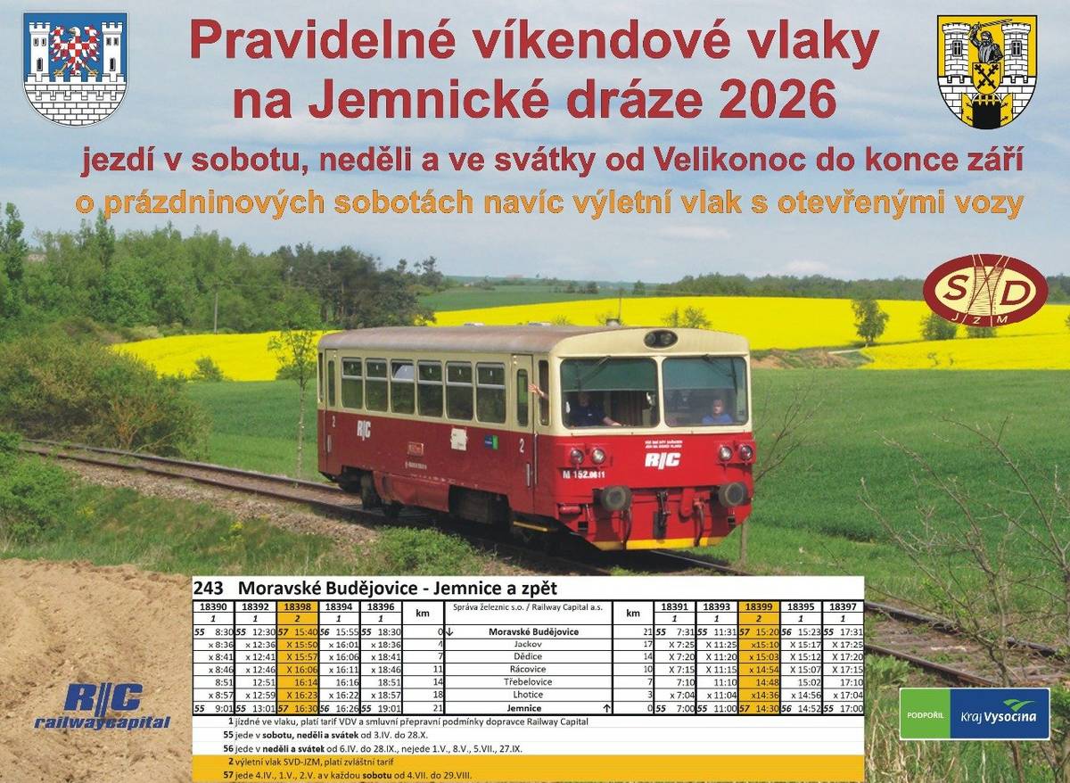 Letní prázdniny začínají na Jemnická dráha / Jemnice railway stylově! Už zítra totiž opět vyjede na trať oblíbený výletní vlak.   Souprava navíc pojede v plné sestavě – mašinka T212.018, bufetový a vyhlídkový vůz. Odjezd výletního vlaku z Jemnice ve 14:30 hod., z Moravských Budějovic v 15:40 hod.  Vezměte děti, rodinu nebo přátele a přijďte si užít prima letní odpoledne. Kompletní jízdní řád víkendových a svátečních vlakových spojů naleznete na následujícím odkazu: https://www.svd-jzm.cz/.../pravidelne-vikendove-vlaky-na.../ Přejeme vám šťastnou cestu a spoustu skvělých prázdninových zážitků!