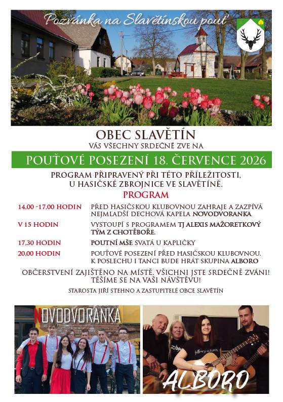 Obec Slavětín Vás všechny srdečně zve na pouťové posezení 18. 7. 2026. Program je připravený, při této příležitosti, u hasičské zbrojnice ve Slavětíně.