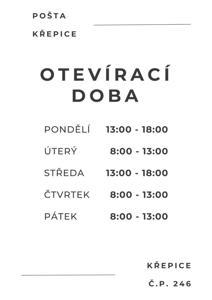Informujeme o úpravě otevírací doby pošty pro veřejnost. Ve dnech pondělí a středa došlo k úpravě otevírací doby.