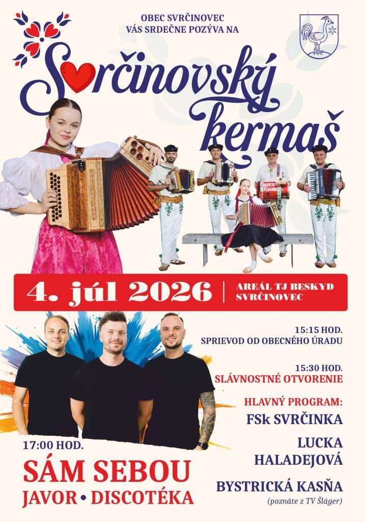 Srdečne Vás pozývame na "Svrčinovský kermaš", ktorý sa uskutoční v sobotu 04. júla 2026 v areáli TJ.