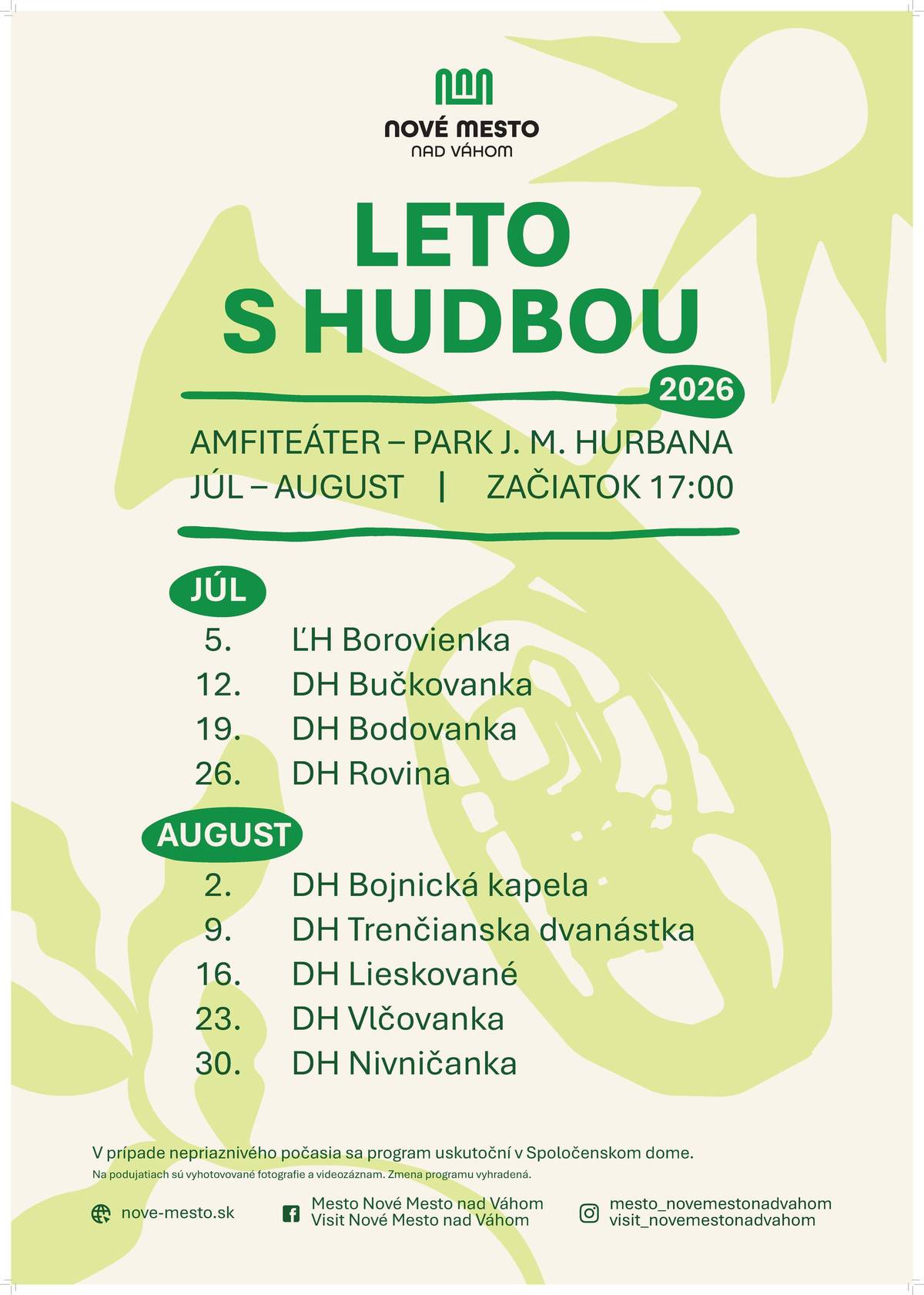 Nedeľné popoludnia v Novom Meste nad Váhom budú aj toto leto patriť hudbe, oddychu a príjemnej atmosfére. Technické služby mesta pred začiatkom sezóny obnovili sedenie na lavičkách v amfiteátri, aby si návštevníci mohli koncerty vychutnať ešte pohodlnejšie. Amfiteáter ukrytý v tieni stromov ponúka počas horúcich letných dní príjemné prostredie na oddych. Len pár krokov od neho sa nachádza pitná fontána. Tohtoročnú sériu koncertov otvorí už v nedeľu 5. júla o 17.00 hod. Ľudová hudba Borovienka. O týždeň neskôr, 12. júla, sa predstaví domáca Dychová hudba Bučkovanka. Pozývame vás stráviť nedeľné popoludnia v príjemnom prostredí Parku J. M. Hurbana. Čaká vás kvalitná hudba, oddych v zeleni a letná atmosféra priamo v centre mesta. 🎵 Leto s hudbou 2026 📍 Amfiteáter – Park J. M. Hurbana 🕔 Každú nedeľu o 17.00 hod. 📅 Začíname 5. júla koncertom ĽH Borovienka. Tešíme sa na vašu návštevu. 🌿🎼