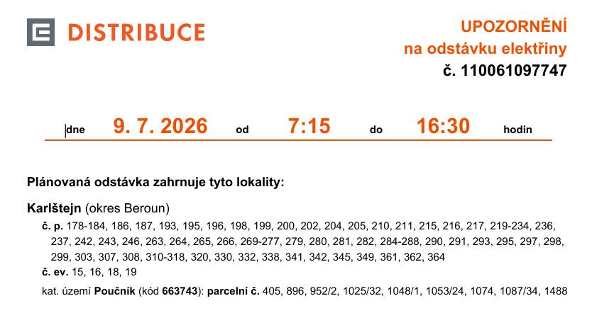 Oznámení o přerušení dodávky elektrické energie 9.7.2026