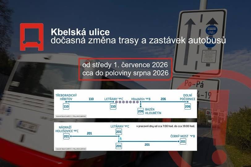 Z důvodu rekonstrukce komunikace ve Kbelské ulici a souvisejícího omezení v oblasti Kbel a Satalic musíme od středy 1. července 2026 přibližně do první poloviny srpna 2026 dočasně změnit trasy a zastávky autobusových linek 110, 159, 201, 206 a 302. Vícen informací najdete na webu DPP.