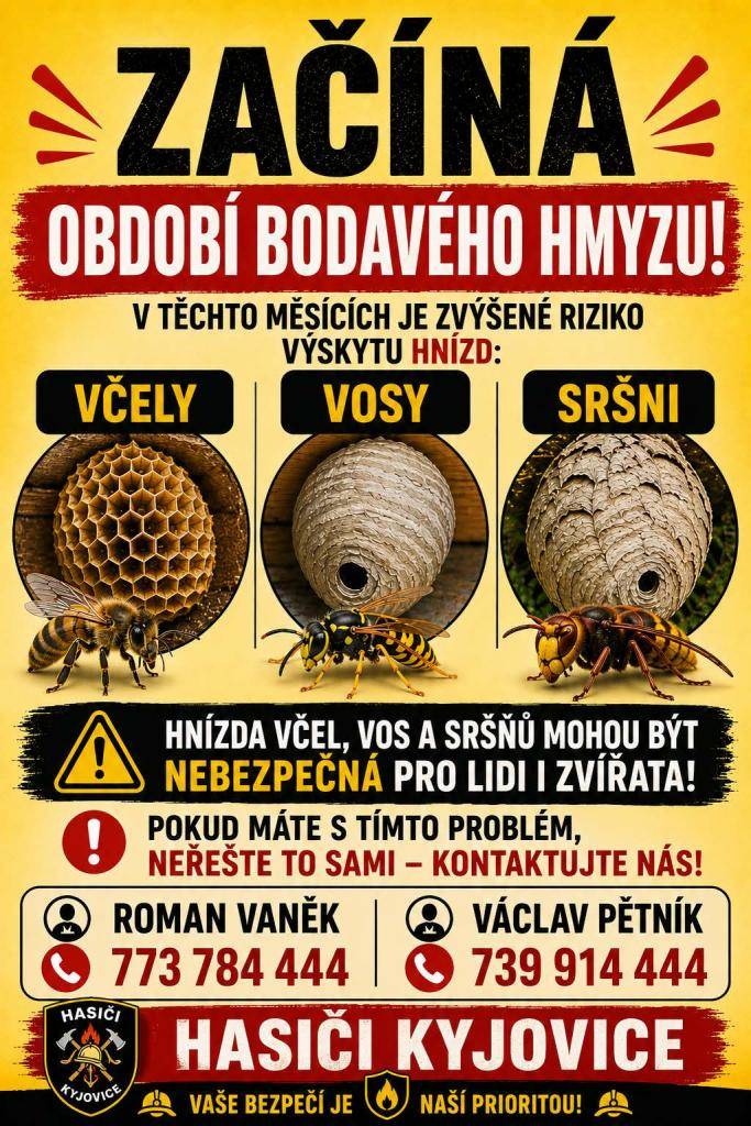 S příchodem léta se zvyšuje výskyt hnízd včel, vos a sršňů. Pokud objevíte hnízdo na svém pozemku nebo v blízkosti domu, nepokoušejte se jej odstraňovat sami. Může být nebezpečné pro vás i vaše okolí. ???? Obraťte se na hasiče z Kyjovic: Roman Vaněk – 773 784 444, Václav Pětník –739 914 444.