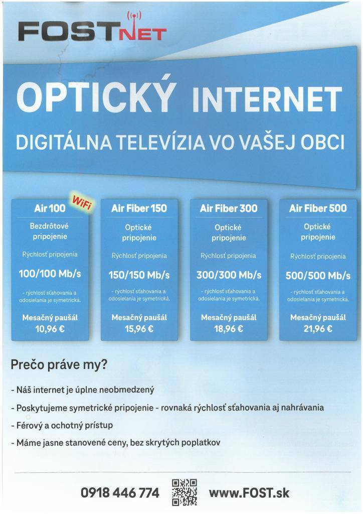 FOSTNET ponúka internet a TV, bližšie info: www.fost.sk