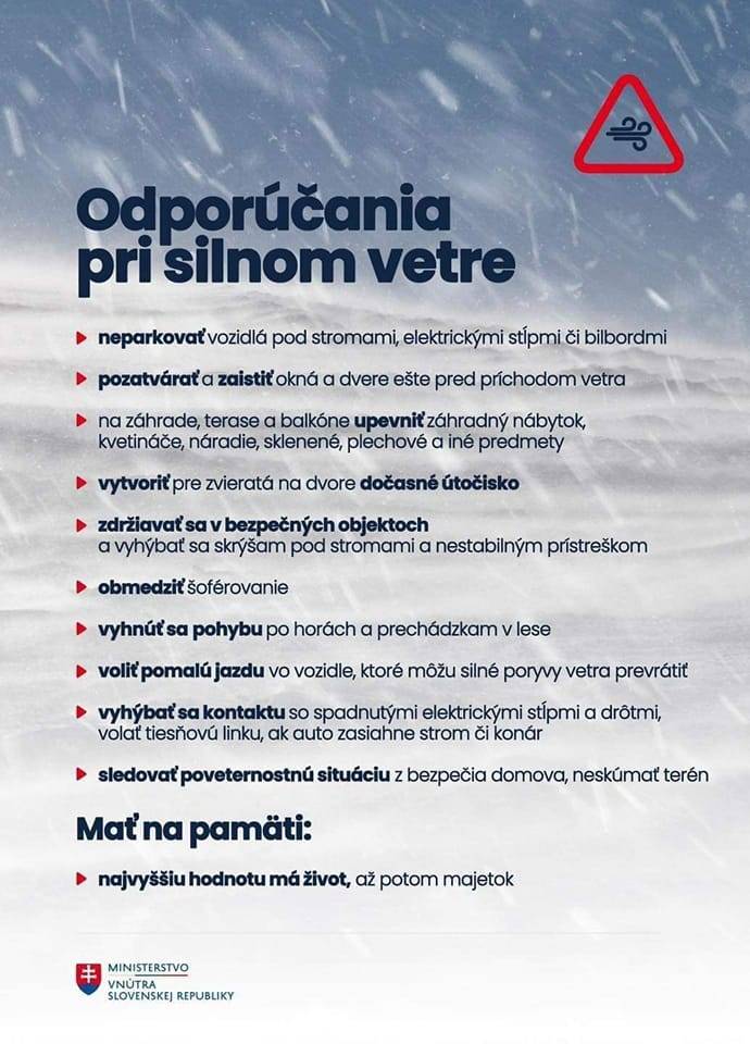 Vážení občania, upozorňujeme vás na výstrahy, ktoré vydalo SHMÚ na dnes 1.7.2026:  -od 13:00 do 19:00 hod. platí výstraha 2. stupňa na vysoké teploty nad 35 °C.   -od 15:00 do 23:00 výstraha 1. stupňa na búrky spojených s prudkým lejakom s intenzitou 20-30 mm/30 min, s nárazmi vetra 18-23m krúpami.