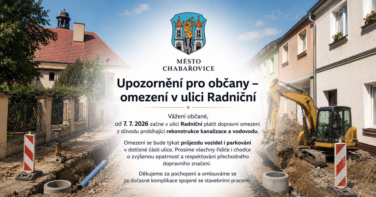Vážení občané, od 7. 7. 2026 začne v ulici Radniční platit dopravní omezení z důvodu probíhající rekonstrukce kanalizace a vodovodu. Omezení se bude týkat průjezdu vozidel i parkování v dotčené části ulice. Prosíme všechny řidiče i chodce o zvýšenou opatrnost a respektování přechodného dopravního značení. Děkujeme za pochopení a omlouváme se za dočasné komplikace spojené se stavebními pracemi.