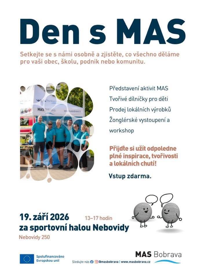 Máme radost, že letos ve spolupráci s MAS Bobrava přivítáme poprvé v naší obci Den s MAS – akci plnou her, tvoření, soutěží a zábavy pro celou rodinu. Přijďte si užít příjemné odpoledne, vyzkoušet si různá stanoviště, poznat činnost místních organizací a strávit čas s rodinou, přáteli i sousedy. 📅 Dejte si datum do svých kalendářů - 19.9.2026  Další podrobnosti o akci a programu budeme postupně zveřejňovat - Událost na FB   Těšíme se na vás! 😊      #Nebovidy #MASBobrava #DenSMAS #AkceProCelouRodinu #obecnebovidy