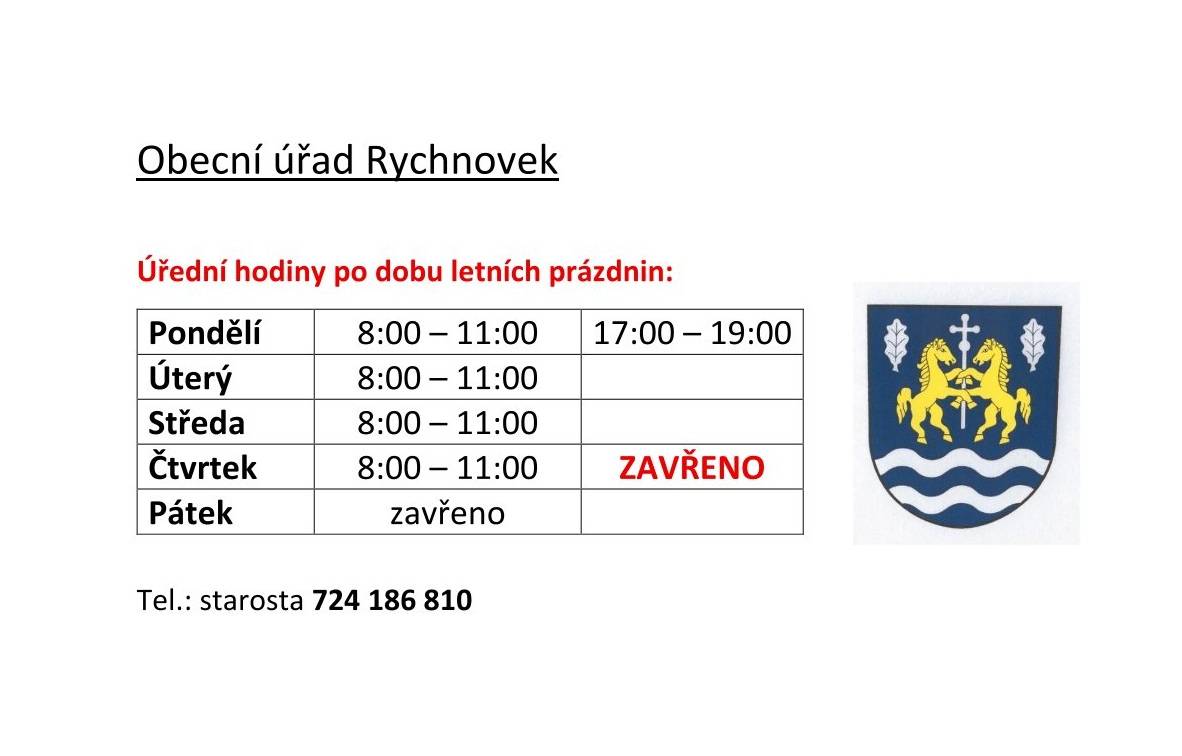 Úřední hodiny OÚ Rychnovek během letních prázdni
