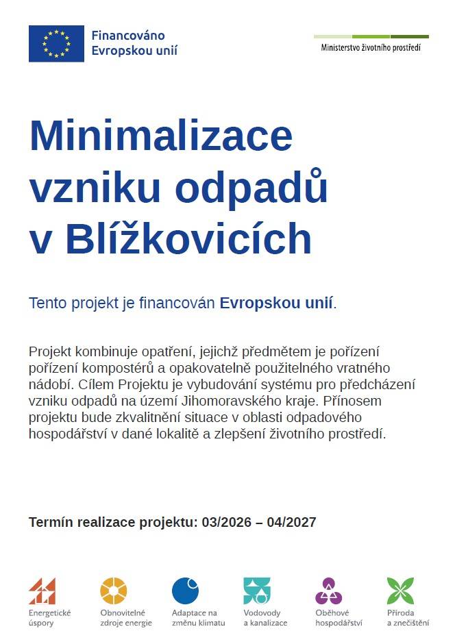 Projekt kombinuje opatření, jejichž předmětem je pořízení kompostérů a opakovatelně použitelného vratného nádobí. Cílem Projektu je vybudování systému pro předcházení vzniku odpadů na území Jihomoravského kraje.