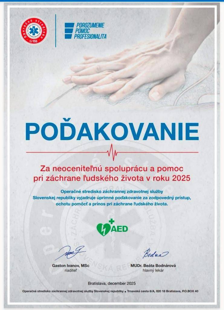 S úctou a pokorou obec Župkov prijala poďakovanie od Operačného strediska záchrannej zdravotnej služby Slovenskej republiky za spoluprácu pri záchrane ľudských životov v roku 2025.