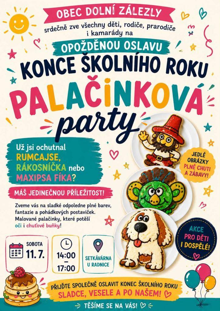 Obec Dolní Zálezly zve všechny děti, rodiče, prarodiče i kamarády na sladké odpoledne. Přijďte si v sobotu 11. července pochutnat na originálních malovaných palačinkách s pohádkovými motivy a užít si příjemné setkání plné barev a fantazie.