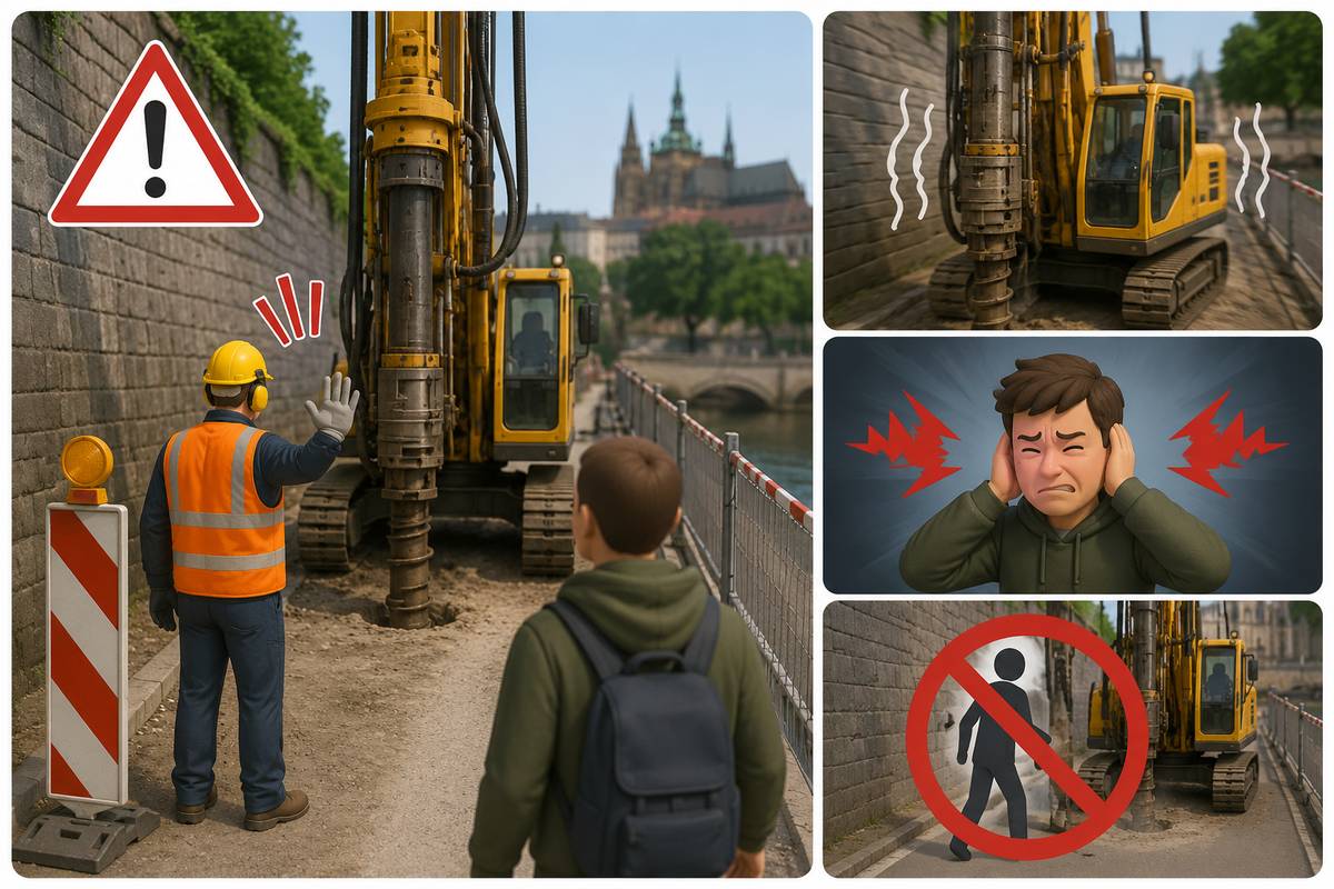 Vážení občané, žádáme vás o zvýšenou opatrnost v okolí stavby Opěrné zdi na Karlově. V současné době zde probíhají vrtné práce pro osazení zápor pomocí těžké vrtné soupravy. Tato technika téměř zcela blokuje průchozí profil uzavřeného chodníku. Pokusy o průchod v bezprostřední blízkosti vrtné soupravy jsou velmi nebezpečné.