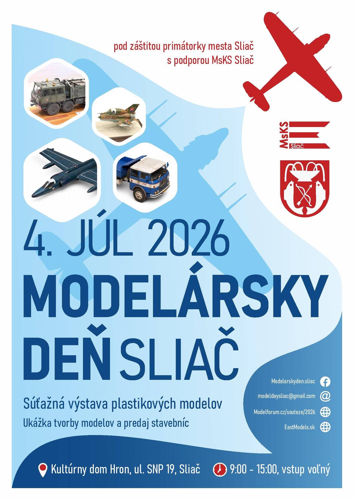 Modelársky deň Sliač 2026 Milovníci modelárstva, rodiny s deťmi aj všetci priaznivci tvorivej práce sú srdečne pozvaní na Modelársky deň Sliač, ktorý sa uskutoční v sobotu 4. júla 2026 od 9.00 do 15.00 hod. v Dome kultúry Hron ul. SNP 19, Sliač. Čaká na vás pestrý program:  súťažná výstava plastikových modelov, ukážky stavby a tvorby modelov, predaj modelárskych stavebníc a doplnkov, stretnutia s modelármi a možnosť načerpať novú inšpiráciu.  Podujatie sa koná pod záštitou primátorky mesta Sliač v spolupráci s Mestským kultúrnym strediskom Sliač. Príďte obdivovať precíznu prácu modelárov, objaviť fascinujúci svet plastikového modelárstva a stráviť príjemný deň plný kreativity, zaujímavých exponátov a priateľskej atmosféry.