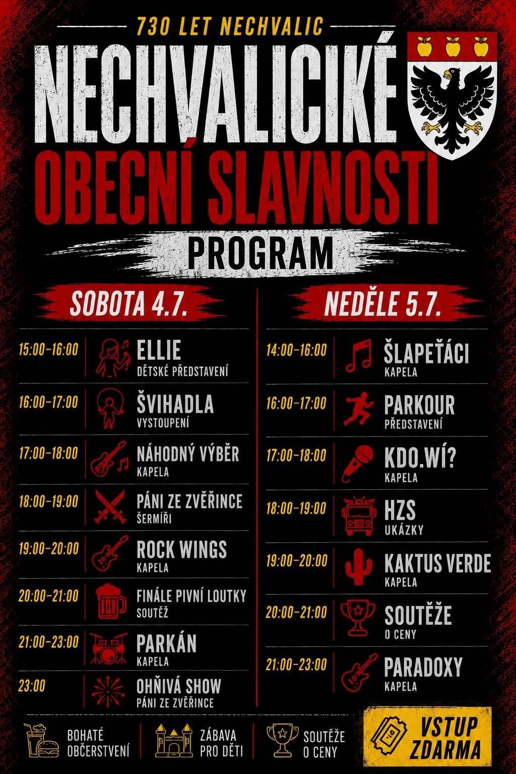 Přijďte s námi oslavit 730 let od první písemné zmínky o obci Nechvalice. 📅 Sobota 4. července & Neděle 5. července 🎟️ Vstup je ZDARMA! Čeká vás: 🎸 koncerty kapel PARKÁN, Rock Wings, Náhodný Výběr, Kaktus Verde, Paradoxy, KDO.VÍ? a Šlapetáci, ⚔️ šermířská vystoupení Pánů ze Zvěřince, 🔥 velkolepá ohňová show, 🤸 parkour show, 🎈 program a atrakce pro děti, 🍔 bohaté občerstvení, regionální pivo i další speciality, 🏆 soutěže o ceny. Ať už přijdete s rodinou, přáteli nebo sami, věříme, že si odnesete spoustu krásných zážitků. 📍 Nechvalice 🗓️ 4.–5. července ❤️ Těšíme se na vás!