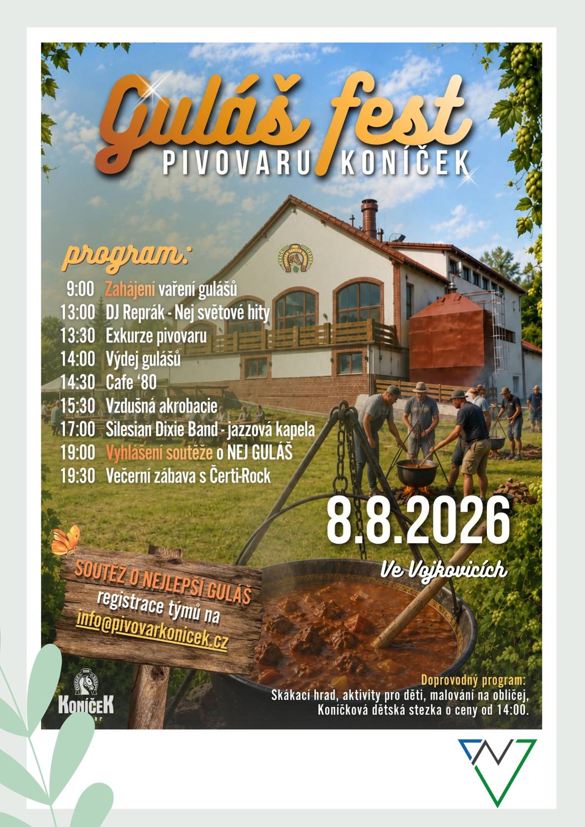 Přijďte si užít den plný skvělého jídla, poctivého piva, hudby a zábavy pro celou rodinu! 🔥 Máte svůj kuchařský tým? Přihlaste se do soutěže o nejlepší guláš na info@pivovarkonicek.cz a přijďte ukázat své kulinářské umění!