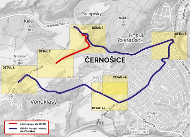 V uvedené době bude jedinou příjezdovou cestou do obce Vonoklasy černošická ulice K Dubu a navazující lesní silnice. Provoz v části podél pole k památnému dubu bude řízen kyvadlově pomocí semaforů. Do rezidenční oblasti podél "panelky" bude zákaz vjezdu s výjimkou dopravní obsluhy.