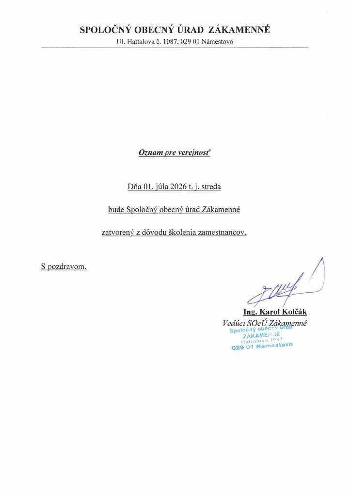 Spoločný stavebný úrad v Námestove bude 1. júla 2026 zatvorený.