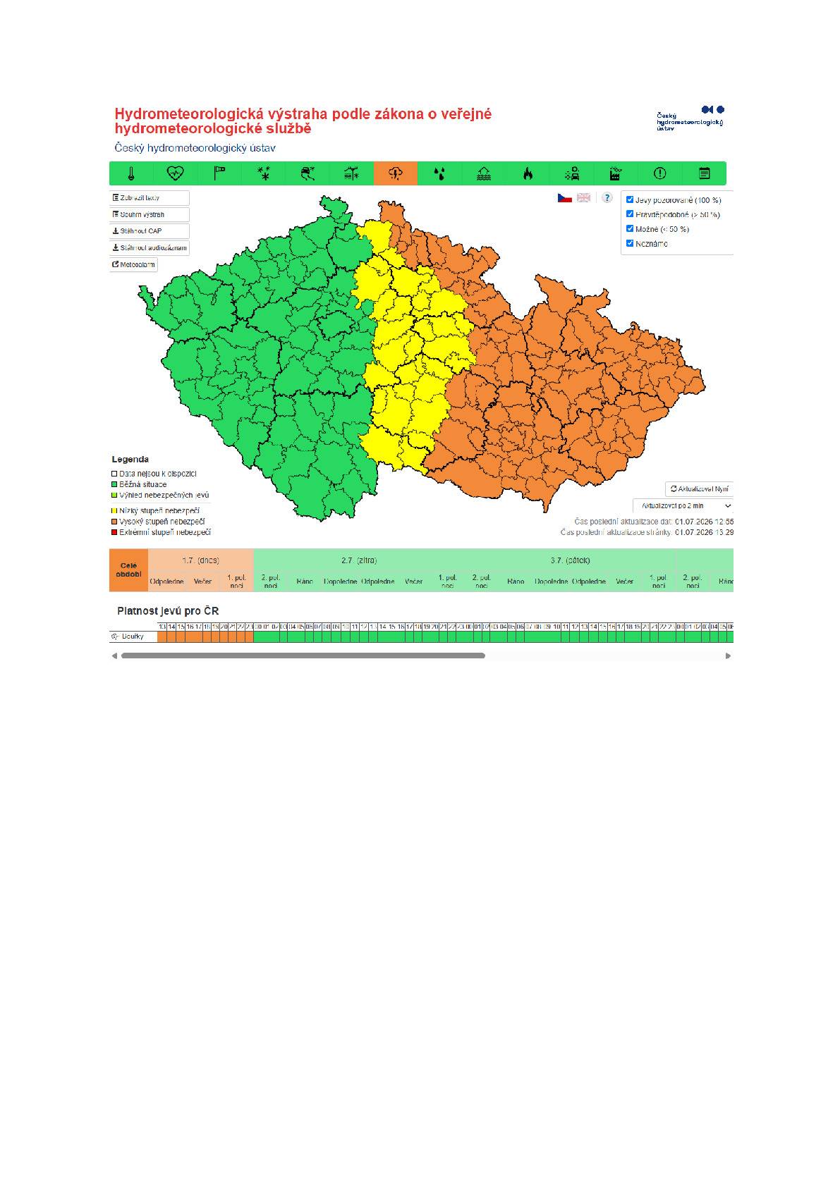 Výstraha ČHMU pro Olomoucký kraj - velmi silné bouřky. Platnost 1.7.2026, 11:00 do 2.7.2026, 00:00. Podrobnosti viz. https://vystrahy-cr.chmi.cz/