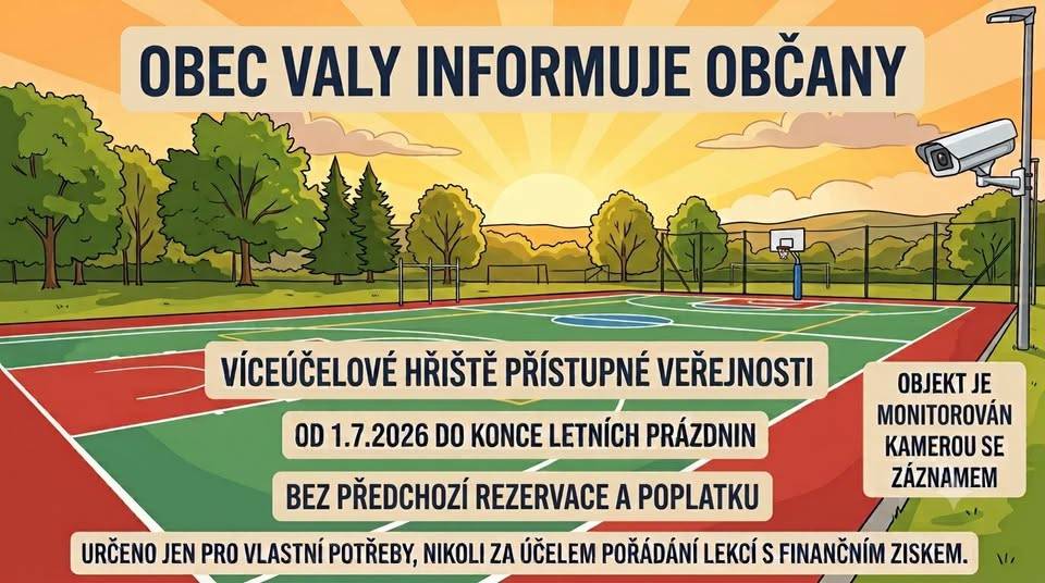 Od 01.07.26 do konce letních prázdnin je víceúčelové hřiště přístupné bez předchozí rezervace a poplatku. Určeno jen pro vlastní potřeby, nikoli za účelem pořádání lekcí s finančním ziskem.