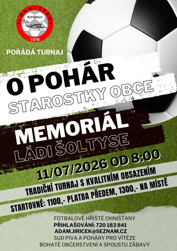 Obec Ohnišťany zve na Turnaj v malé kopané o pohár starostky obce - Memoriál Ládi Šoltyse, který se koná v Ohnišťanech dne 11.7.2026.