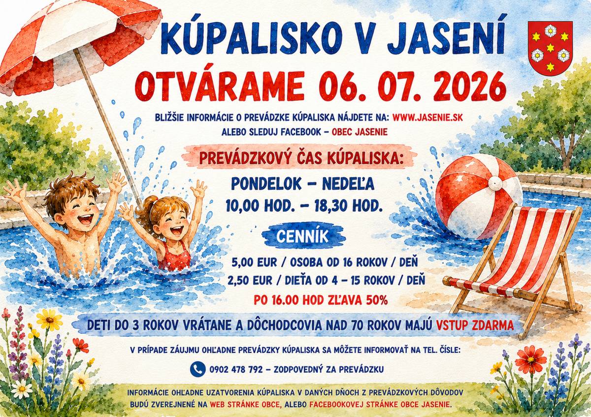 S veľkou radosťou vám oznamujeme, že naše kúpalisko otvárame dňa 6. 7. 2026. Toto otvorenie by však nebolo možné bez obrovskej pomoci, nasadenia a obetavosti ľudí, ktorí venovali svoj čas, energiu a ochotu pomôcť.