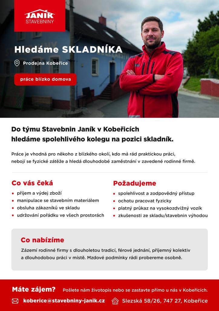 abízí pracovní místo - skladník
