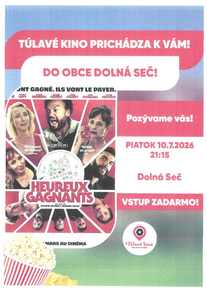 Vážení spoluobčania, milí susedia,   obec Dolná Seč v spolupráci s Túlavým kinom vás srdečne pozýva na premietanie pod šírym nebom.   Bližšie informácie nájdete po rozkliknutí oznamu.  Tešíme sa na vás!
