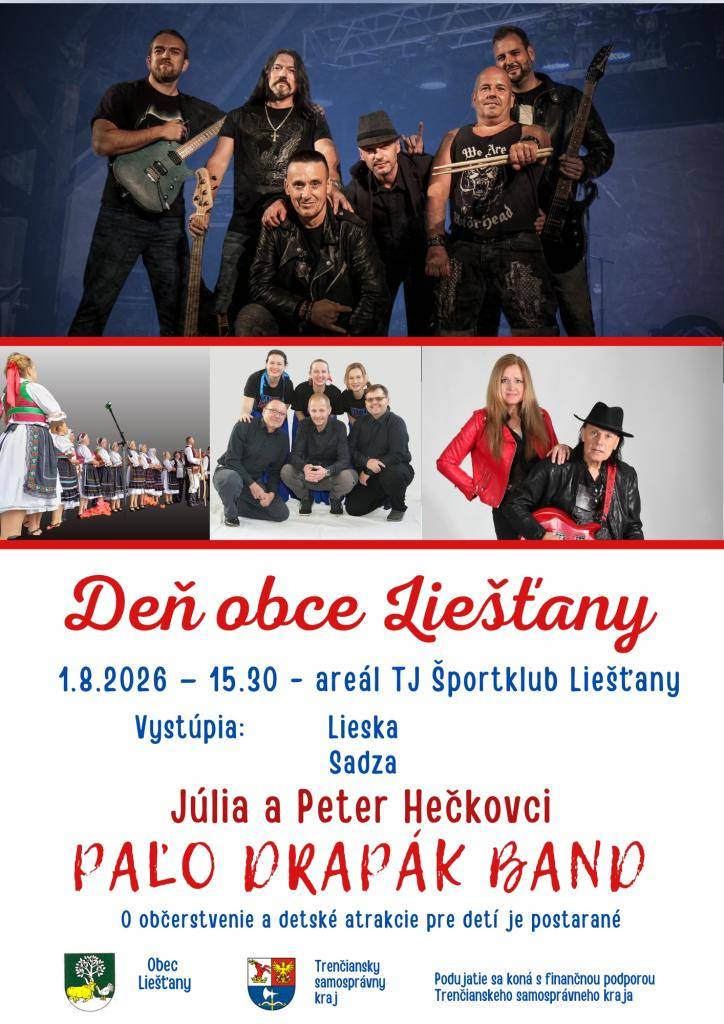 Srdečne vás pozývame na Deň obce Liešťany, ktorý sa uskutoční 1. augusta 2026 o 15:30 hod. Príďte si užiť zábavu, kultúrne vystúpenia a stretnutia s priateľmi.