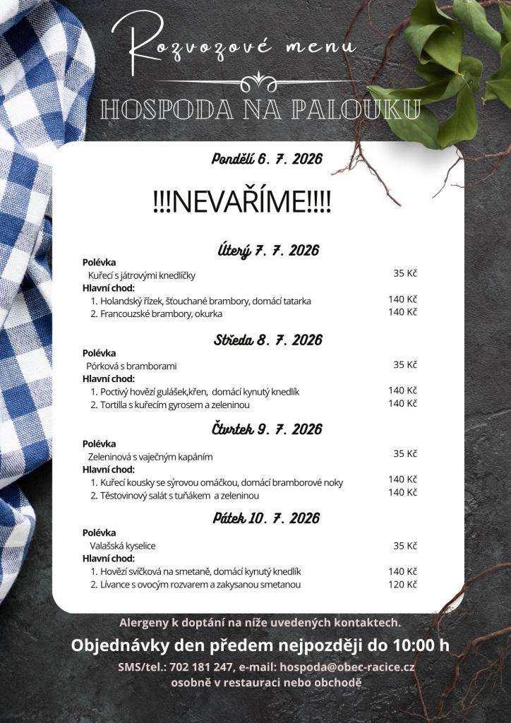 Hospoda na Palouku v Račicích nabízí rozvoz obědů