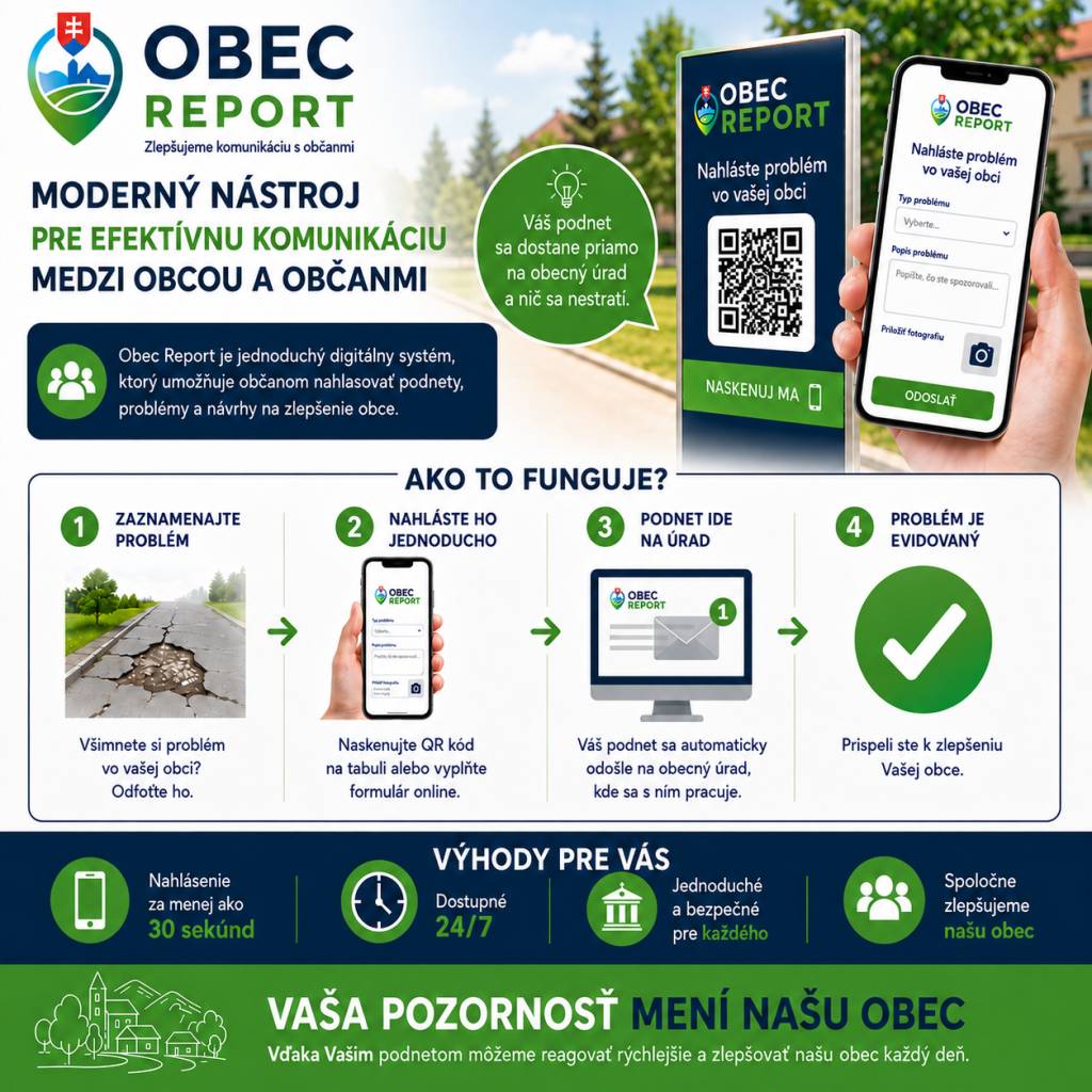 Milí občania,    záleží nám na tom, aby bola naša obec krajším a bezpečnejším miestom pre život. Preto vám prinášame novú službu OBEC REPORT, vďaka ktorej môžete jednoducho nahlásiť podnety, poruchy či problémy vo vašom okolí.