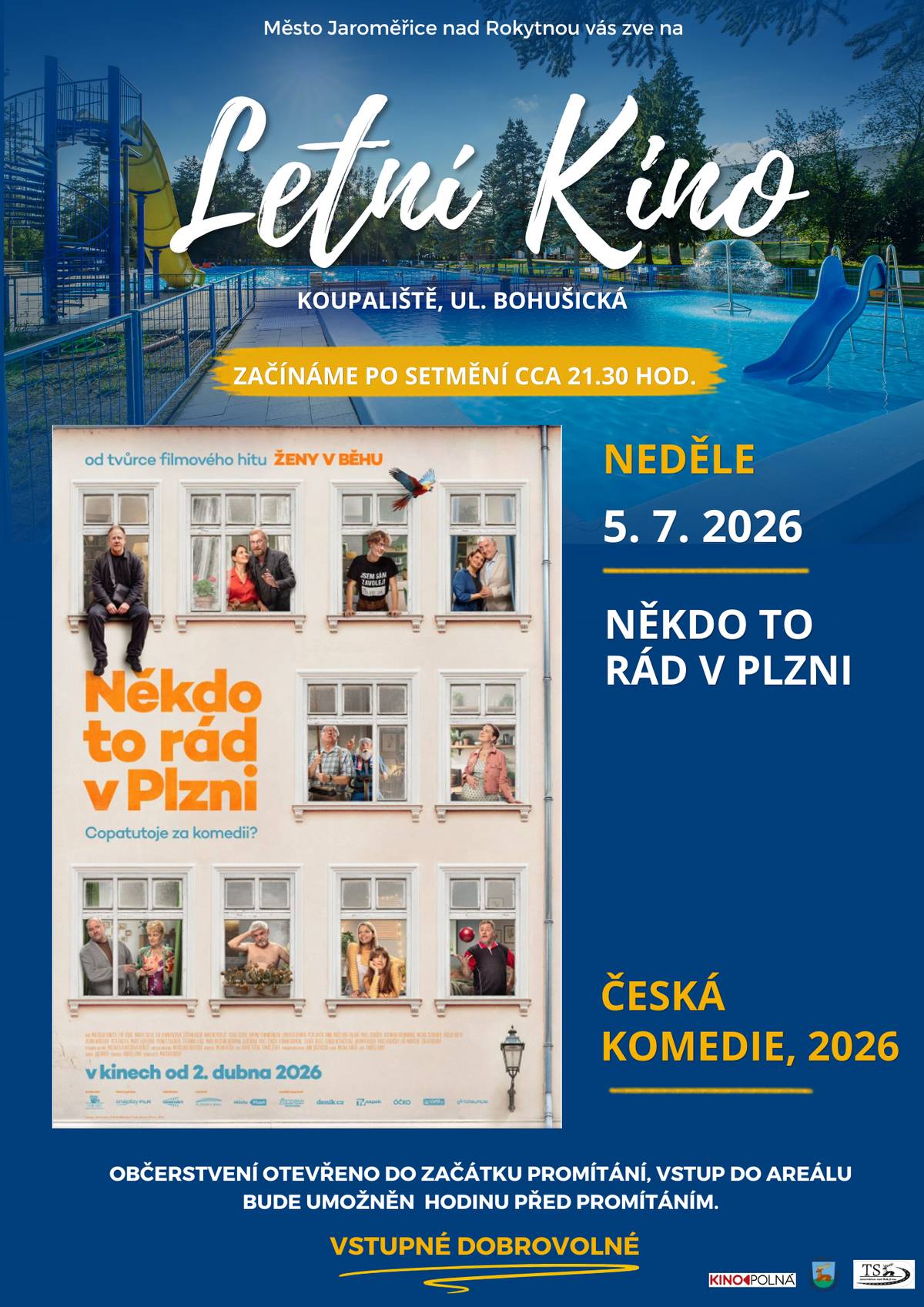 Dnes přibližně ve 21.30 vás zveme na letní kino!    Čeká vás nová česká komedie Někdo to rád v Plzni, plná humorných příběhů, bláznivých situací a nezapomenutelných postav, které hledají lásku, štěstí i přátelství. O zábavu rozhodně nebude nouze!     Hrají: Miroslav Donutil, Jiří Lábus, Pavel Zedníček, Štěpán Kozub, Klára Issová, Jenovéfa Boková a další.     Vstupné: dobrovolné