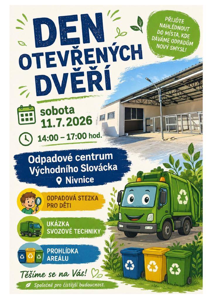 Odpadové centrum Východního Slovácka zve všechny spoluobčany na Den otevřených dveří, který se koná v sobotu 11. července od 14 do 17 hodin na odpadovém centru. Čeká vás prohlídka areálu, svozové techniky a pro děti je připravena úkolová stezka