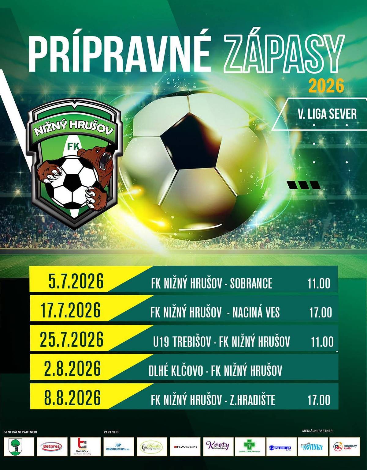 V prílohe je detailný prehľad pripravných zápasov FK Nižný Hrušov počas leta.  Prvý prípravný zápas sa odohrá už dnes 5.7.2026 o 11:00 na domácom ihrisku:  FK Nižný Hrušov - Sobrance