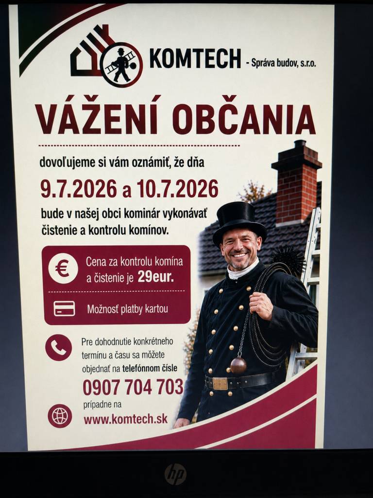 Oznam o čistení a kontrole komínov